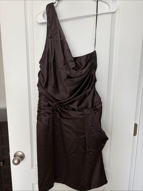 ABS Allen Schwartz One-Shoulder Satin Dress in Dark Brown
